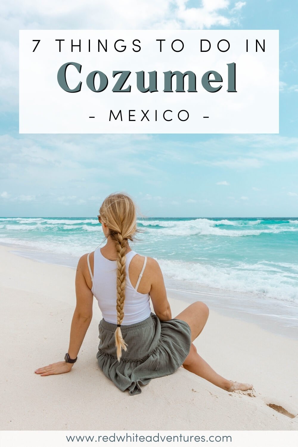 Girl sitting on a beach in Cozumel Mexico