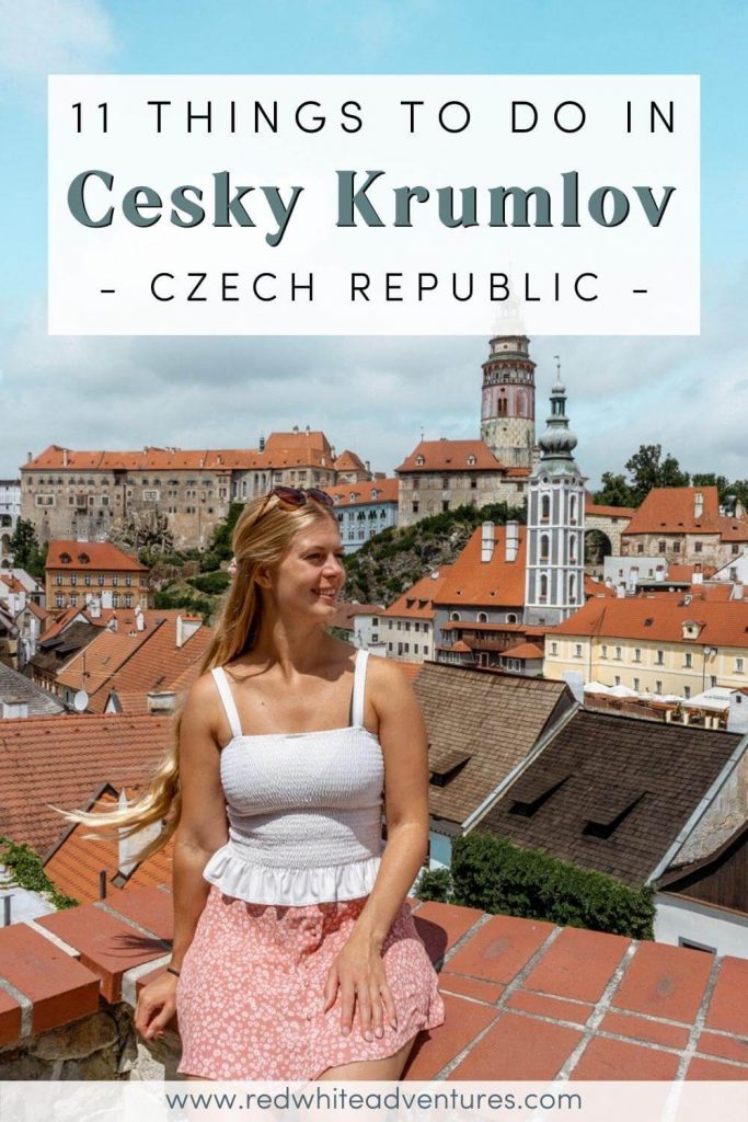 Jo enjoying the sun in Cesky Krumlov, pin for Pinterest.