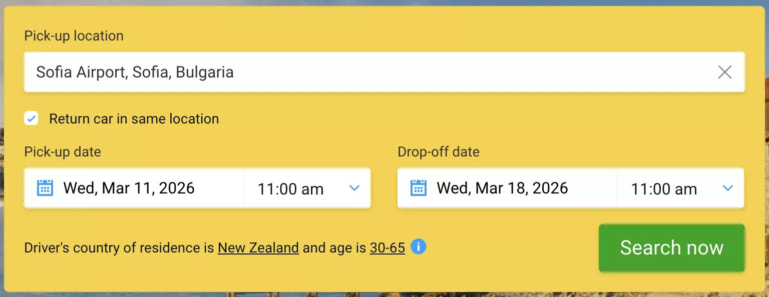 Car rental booking form showing pick-up at Sofia Airport in Bulgaria.