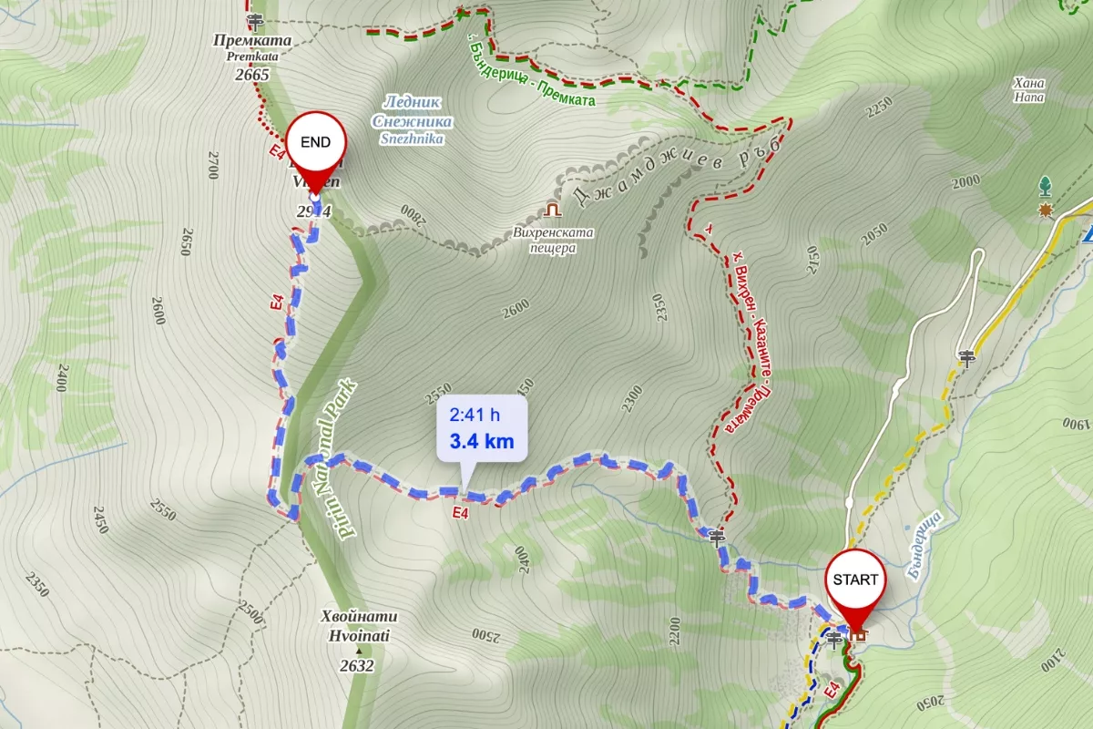 Screenshot of a digital map showing the route from Vihren Hut to Vihren Peak.