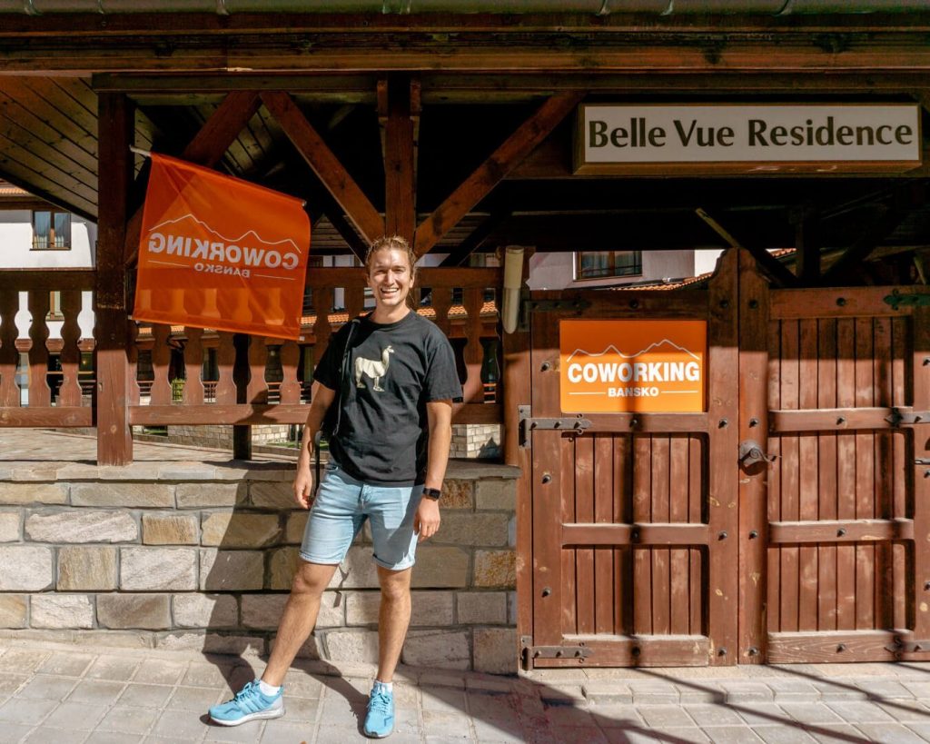 A boy in front the gondola location at Coworking Bansko.