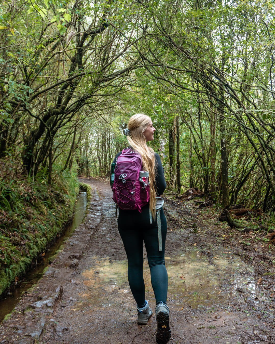A girl walking on a trail in between beautiful trees next to a levada in Madeira