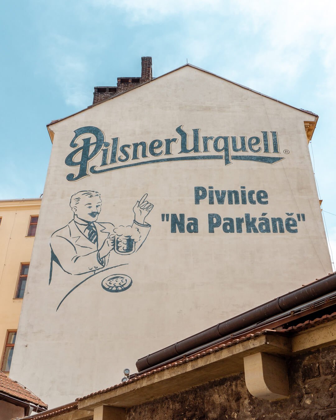 Beautiful Pilsner Urquell mural in Pilsen, Czech Republic.