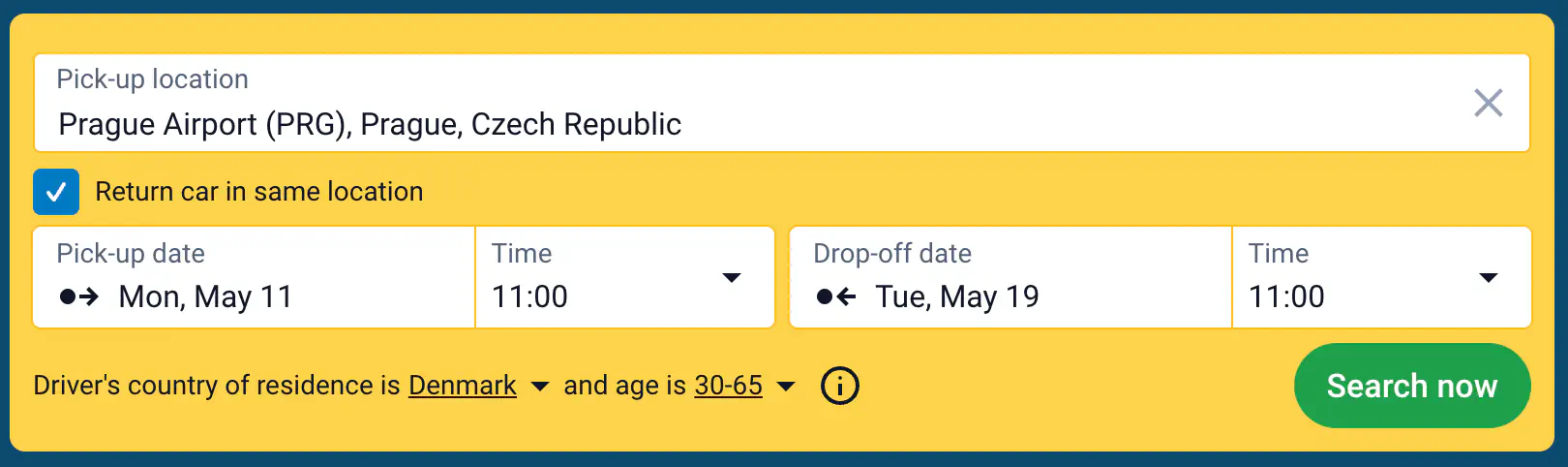 A car rental booking page showing Prague Airport in the Czech Republic as the pick up and drop off location, with rental dates from May 11 to May 19 at 11:00. Text on the screen includes “Return car in same location”, “Driver's country of residence, and “Search now”.
