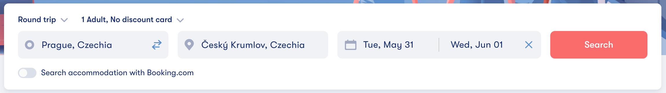 Screenshot of where you can buy a bus ticket from Prague to Cesky Krumlov.