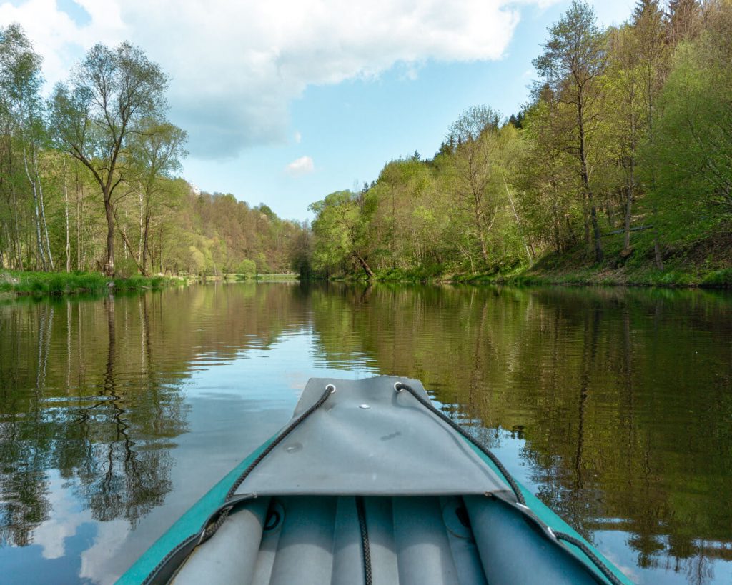 A view from a canoe on the Vltava River near Cesky Krumlov.