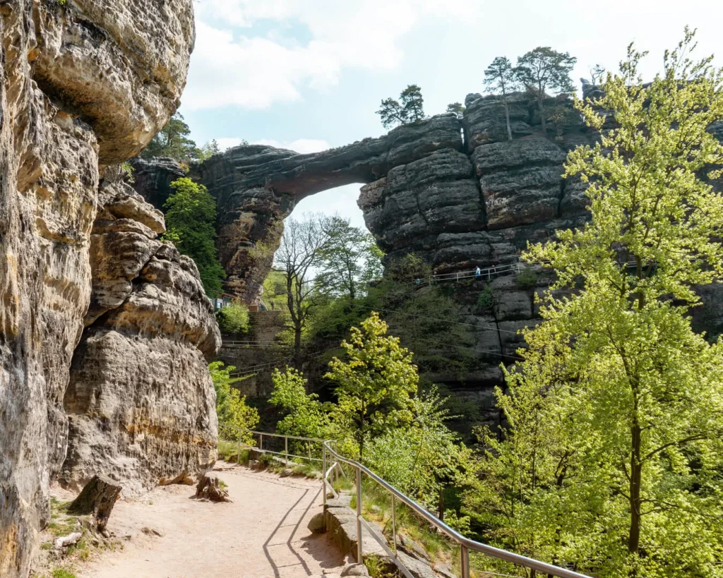 View from underneath the famous Pravčicka Gate in Bohemian Switzerland.