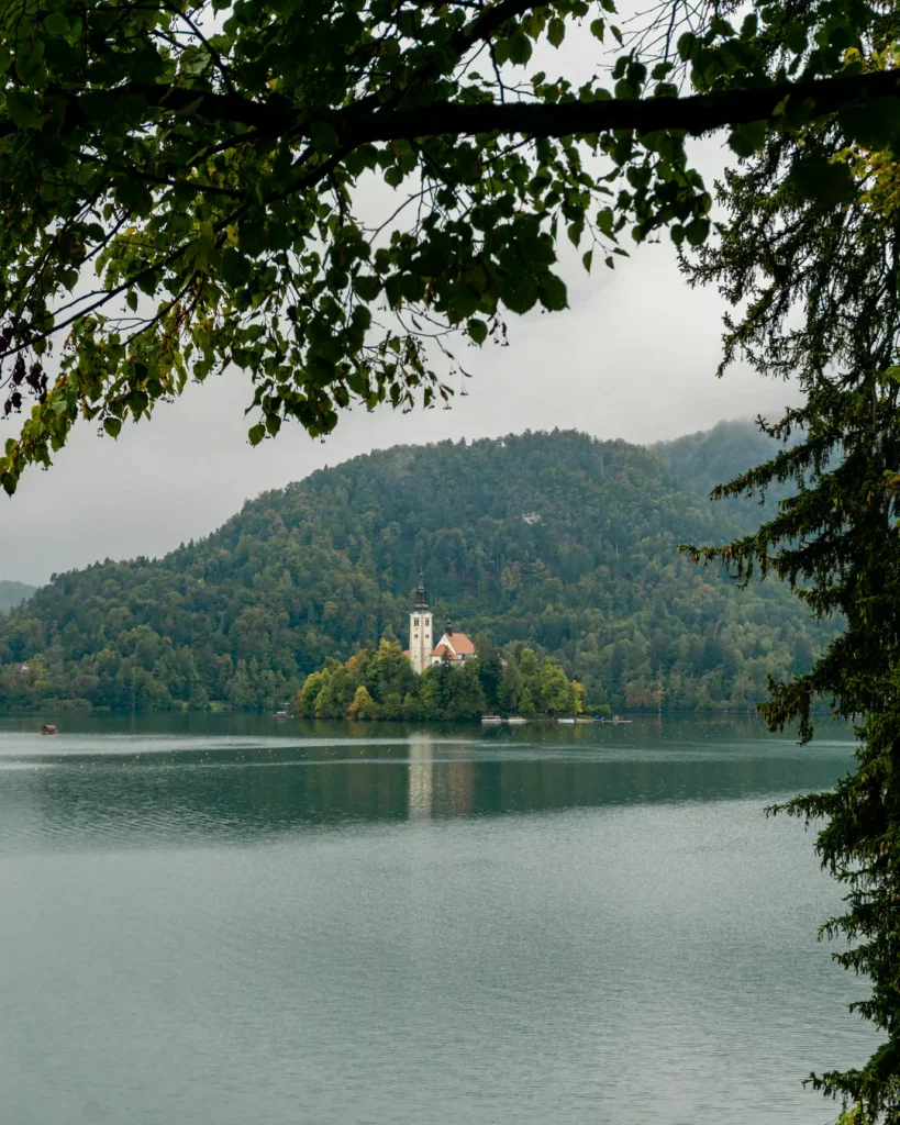 View of Bled Island from a hiking trail in Bled.