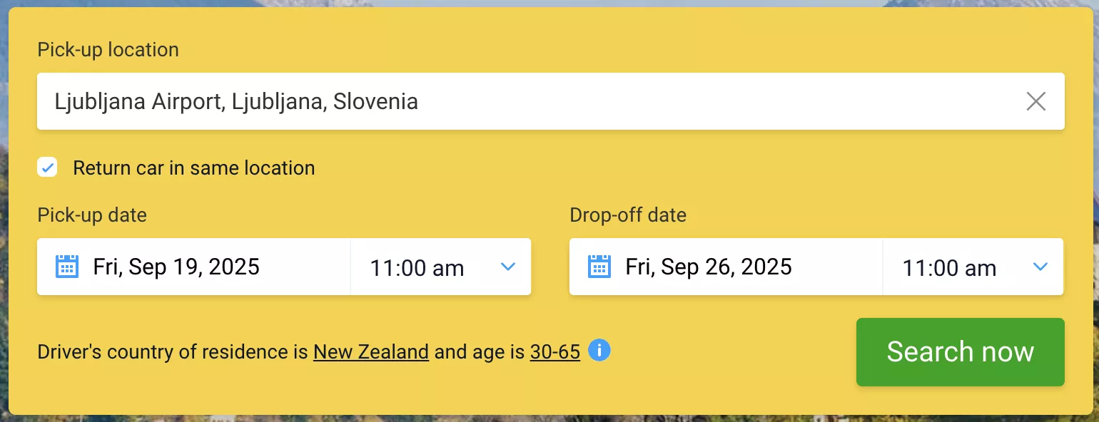 Photo of a car rental pickup from Ljubljana to Lake Bled.