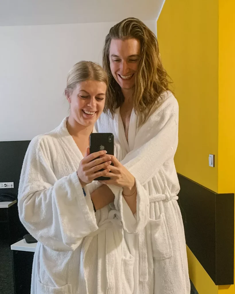 Dom and Jo hanging out ready for a wellness session at Hotel Atlantis in Brno.