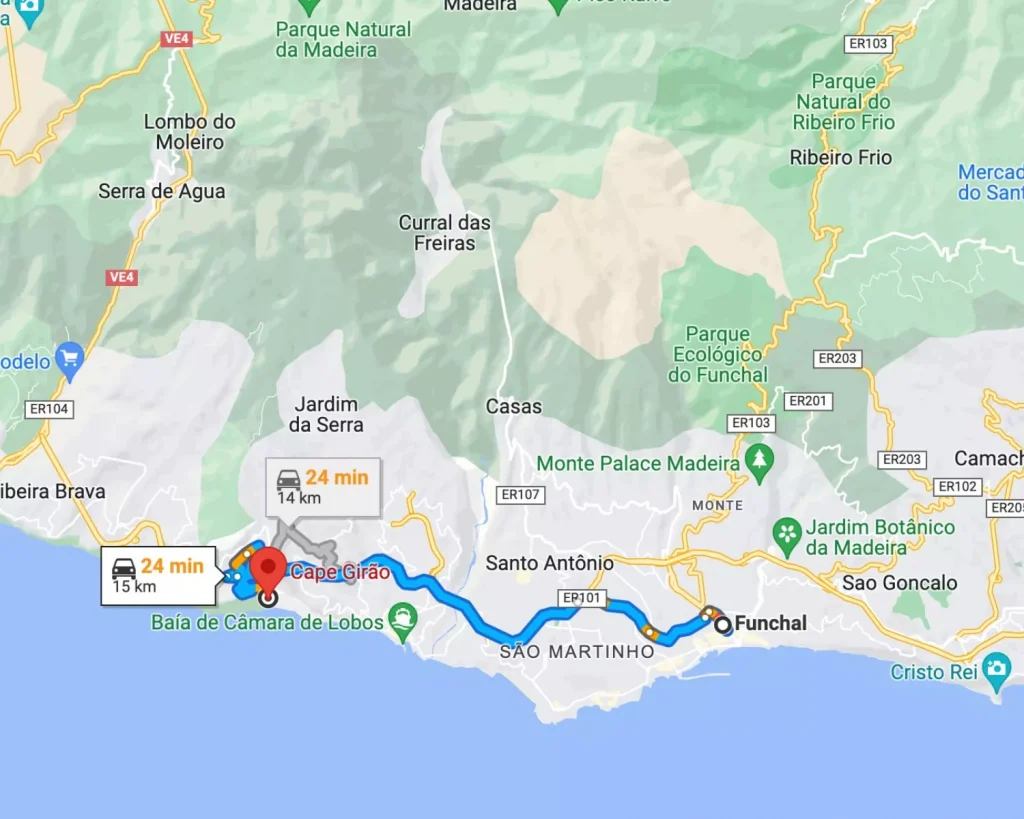 A map showing how to get from Funchal to Cabo Girao Skywalk