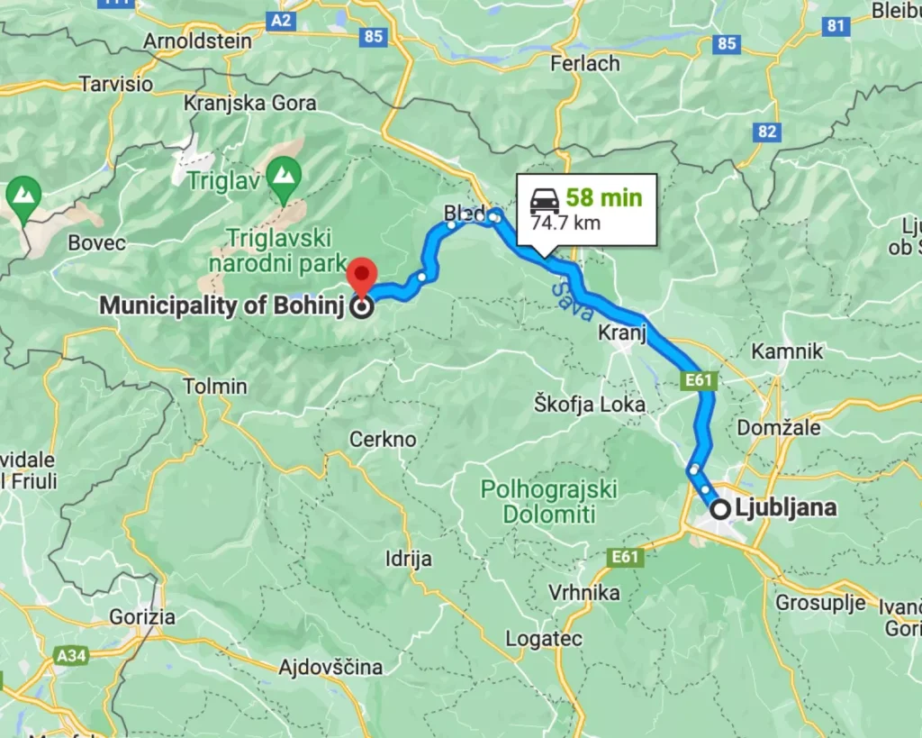 Google map of the route from Ljubljana to Bohinj.