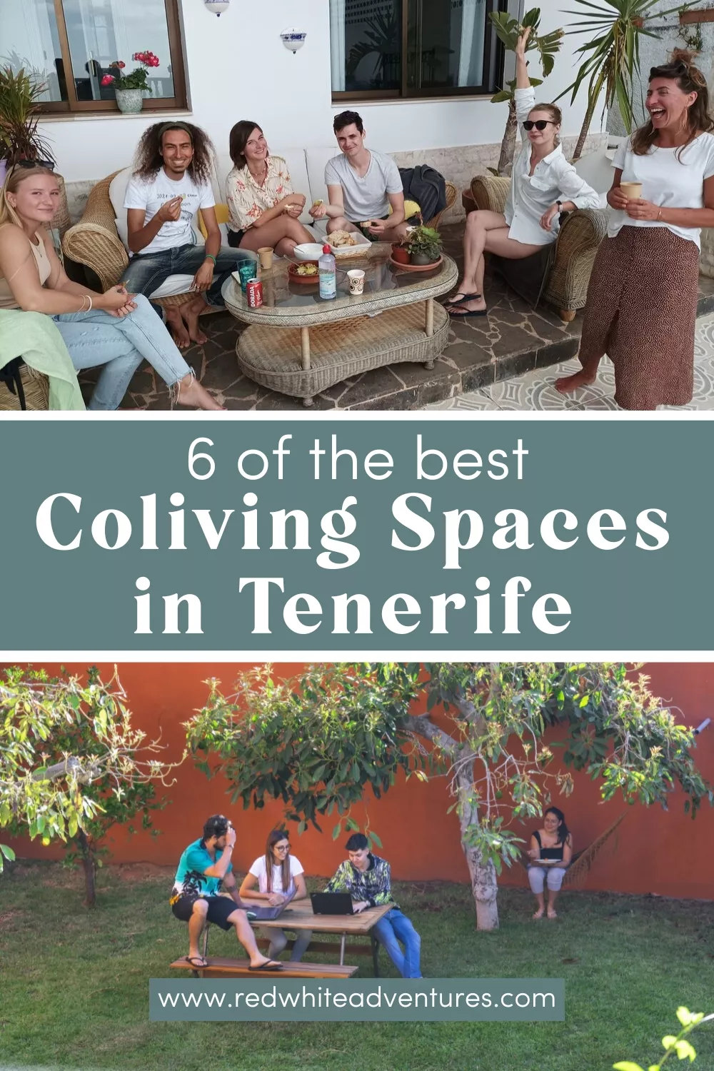 Pinterest graphic with text overlay: “6 of the best Coliving Spaces in Tenerife.” Includes two photos of digital nomads socializing and working at a coliving space.