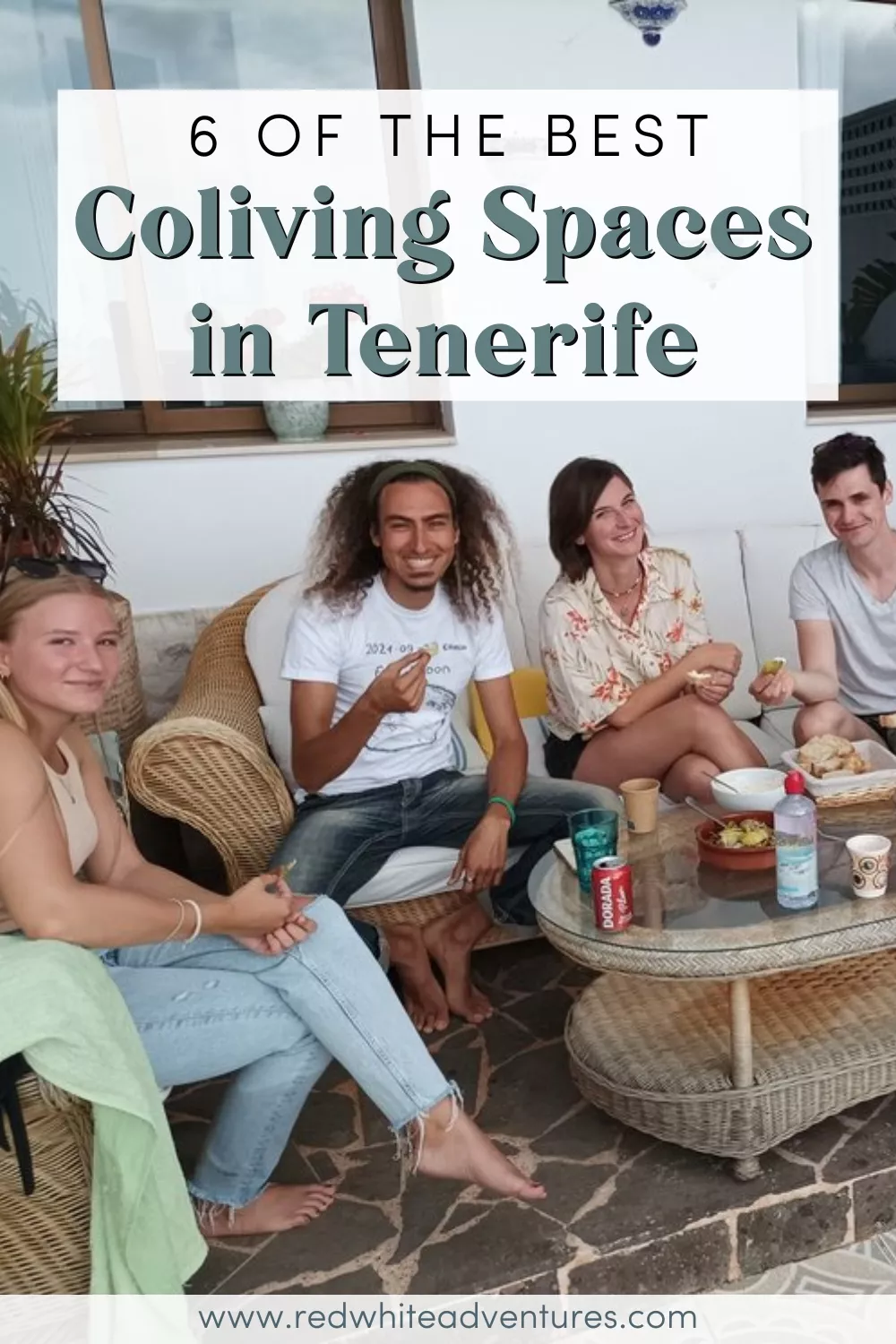 Pinterest graphic with text overlay: “6 of the best Coliving Spaces in Tenerife.” Features a group of friends hanging out on a cozy terrace.