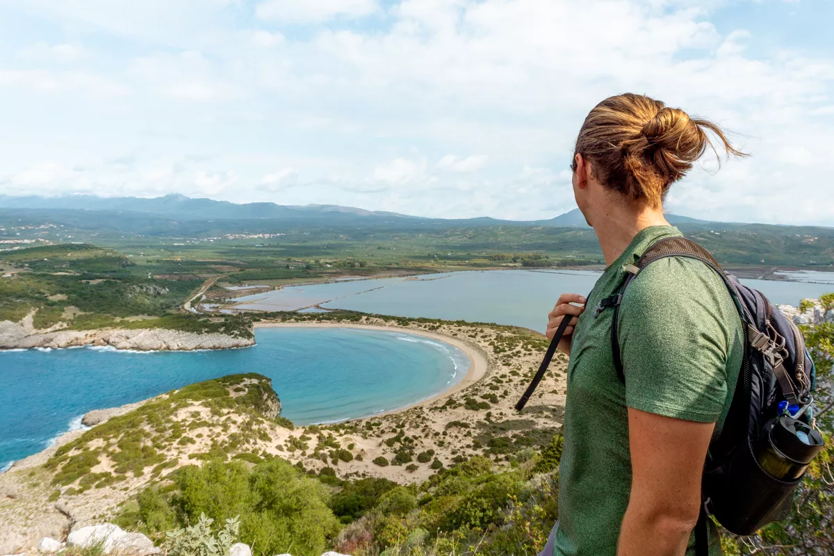 Dom taking in the amazing view of Voidokilia Beach near the Old Navarino Fortress.