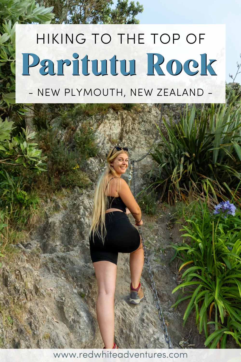 Pin for Pinterest of hiking the famous Paritutu Rock in New Zealand.