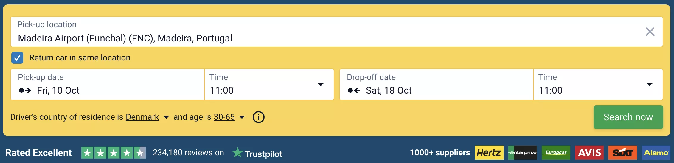 Screenshot of a car rental platform for Madeira Airport in Portugal.