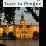 Text overlay: Free walking tour in Prague over scenic riverfront image of Smetana Museum at sunset