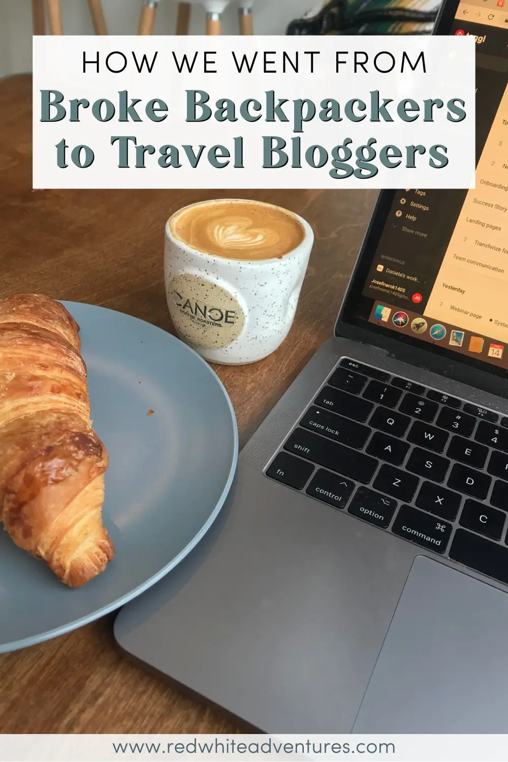 Pinterest graphic reading ‘How we went from Broke Backpackers to Travel Bloggers’; close-up of a laptop, frothy cappuccino, and buttery croissant on a café table, evoking the remote-work travel-blogger lifestyle.
