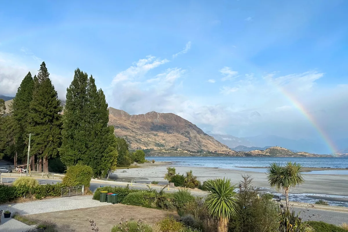A peaceful view of Lake Wanaka with a sandy shoreline, tall evergreens, and tropical plants in the foreground. A rainbow stretches across the blue sky toward rugged, sunlit mountains beyond the lake.