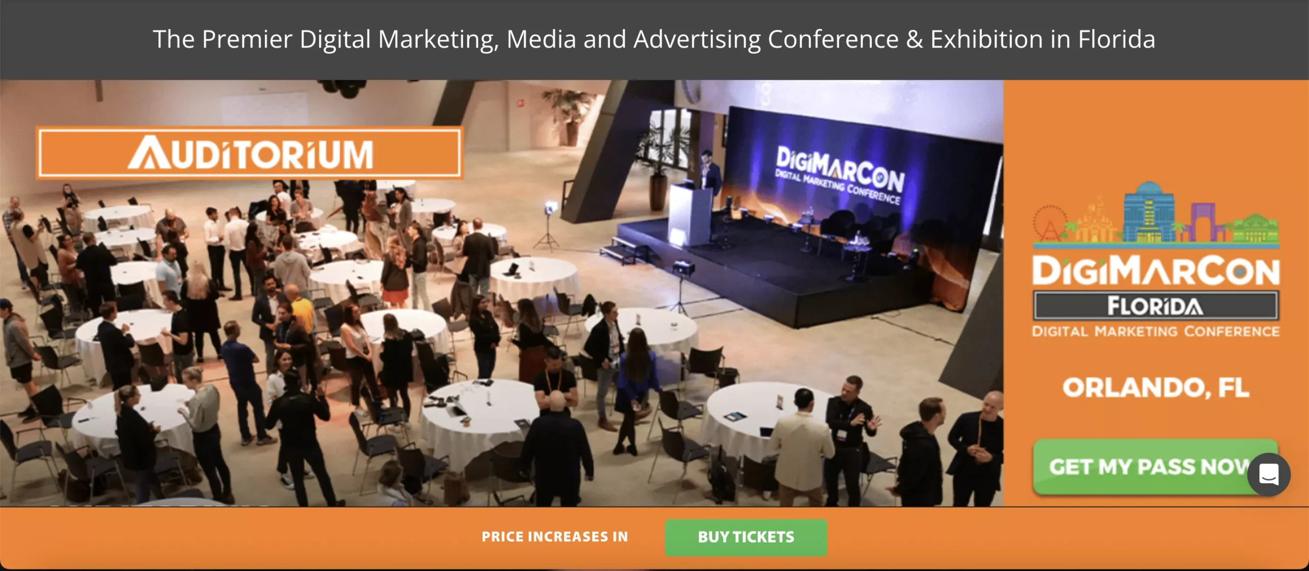 Screenshot of the DigiMarCon Florida site: folks networking around white-clothed tables in a big hall, with the purple-lit DigiMarCon stage in the back. On the right, a bright orange sidebar plugs the Orlando event and a “Get My Pass Now” button.