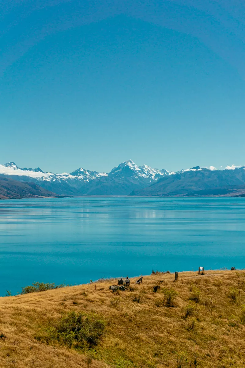 The calm turquoise Lake Pukaki stretches toward snow capped mountains under a clear blue sky, with golden grass in the foreground. A small bench overlooks the water, emphasizing the peaceful scenic viewpoint.