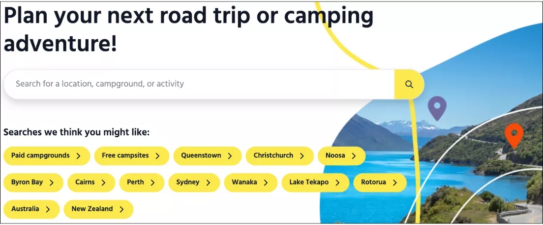 Screenshot of a camping and road trip planning website called CamperMate with a search bar to find locations, campgrounds, or activities.