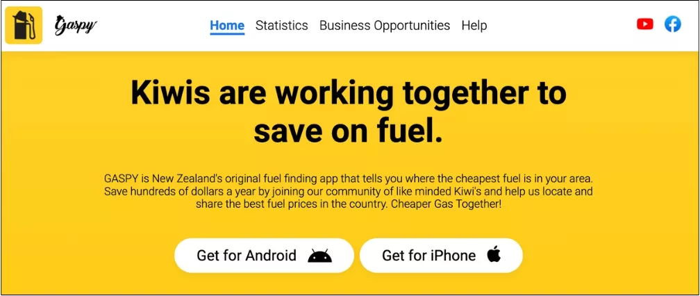 Screenshot of the Gaspy homepage with bold text stating "Kiwis are working together to save on fuel" on a bright yellow background. The image promotes Gaspy as New Zealand's original fuel-finding app and features buttons to download the app for Android or iPhone.