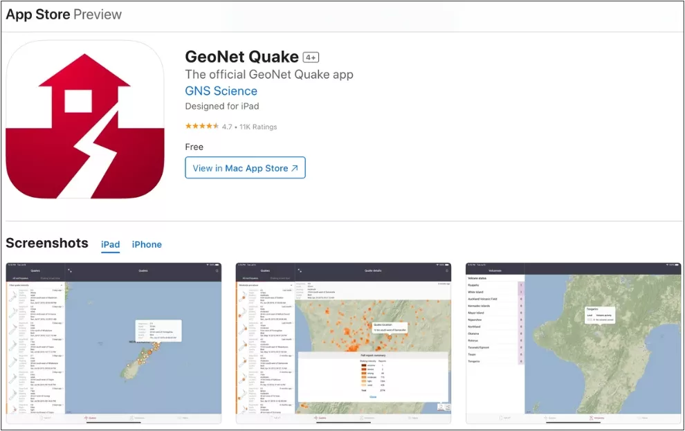 Screenshot of the GeoNet Quake app page in the App Store, showing the red and white app icon with a house split by an earthquake.