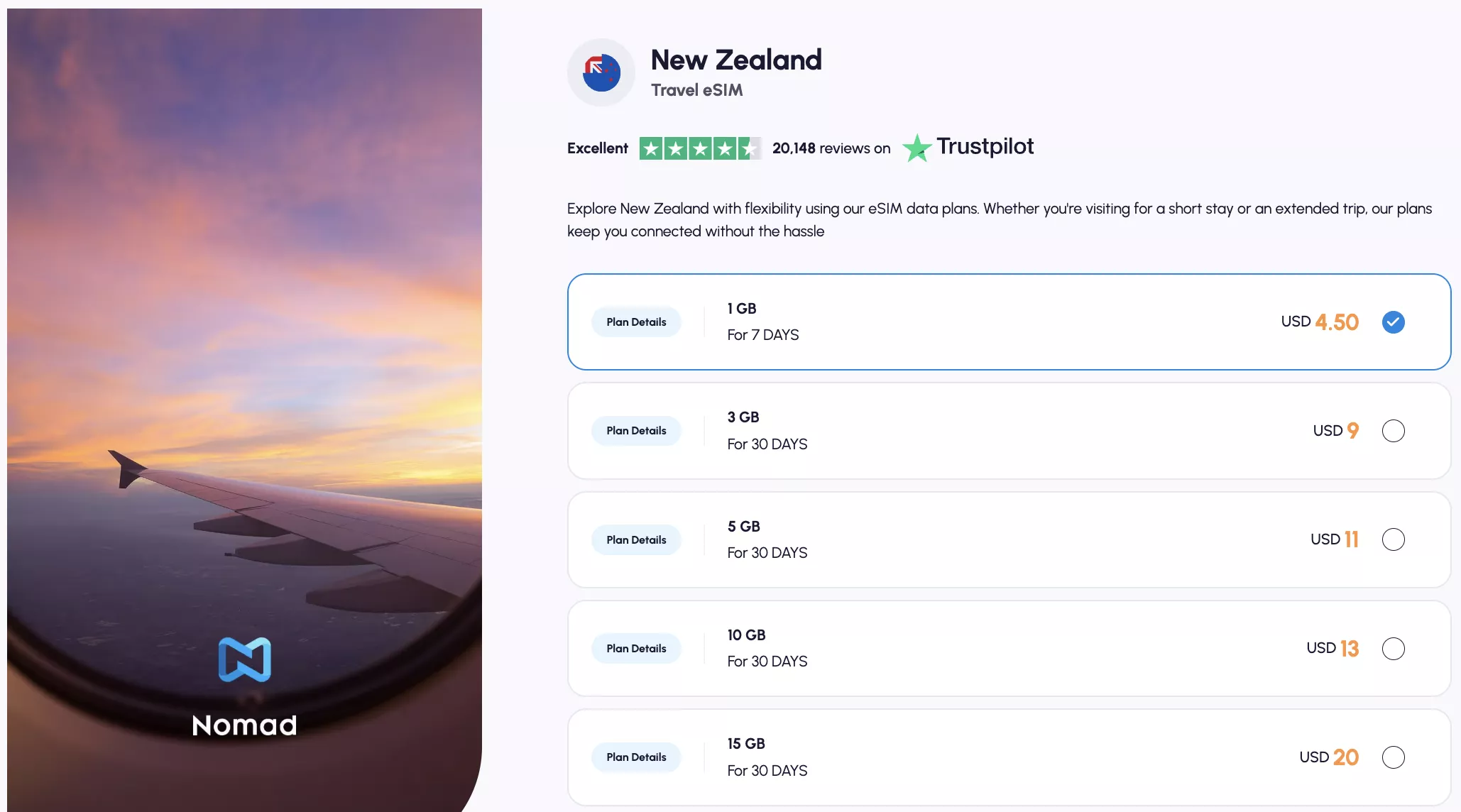Screenshot of a New Zealand travel eSIM page from Nomad, showing data plans starting at 1 GB for 7 days at $4.50 USD.