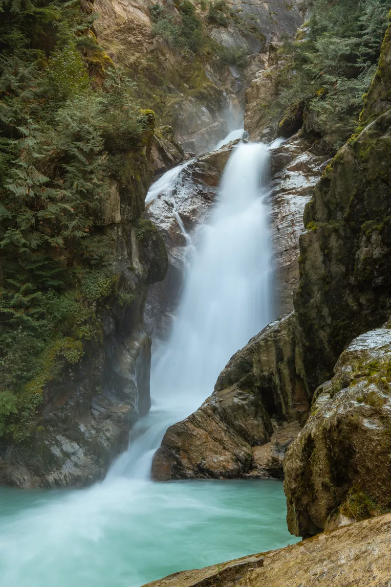 A long-exposure shot of Bear Creek Falls in Glacier National Park shows water cascading powerfully down a rocky cliff into a turquoise pool. The surrounding forest and steep canyon walls frame the waterfall, adding to the dramatic and serene landscape.