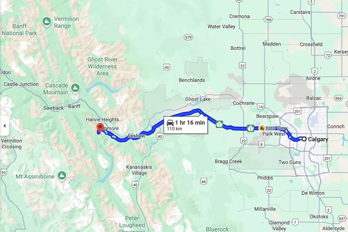A map showing a driving route from Calgary to ha Ling Peak in Canmore, Alberta via Highway 1, covering a distance of 110 km in approximately 1 hour and 16 minutes.
