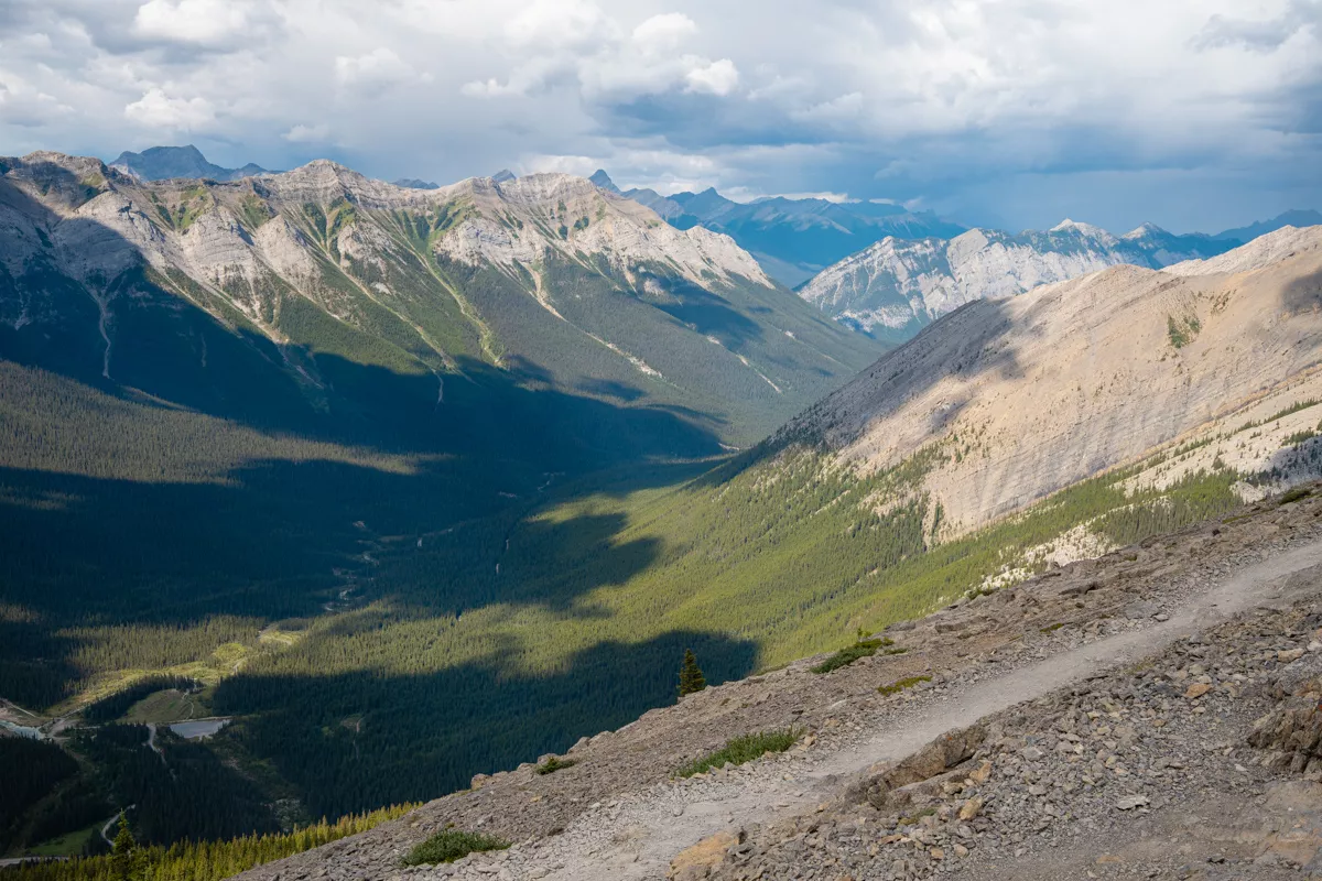 A dramatic view of a shadowed valley flanked by jagged ridgelines in the Canadian Rockies, with forested slopes stretching toward distant peaks under a moody sky.