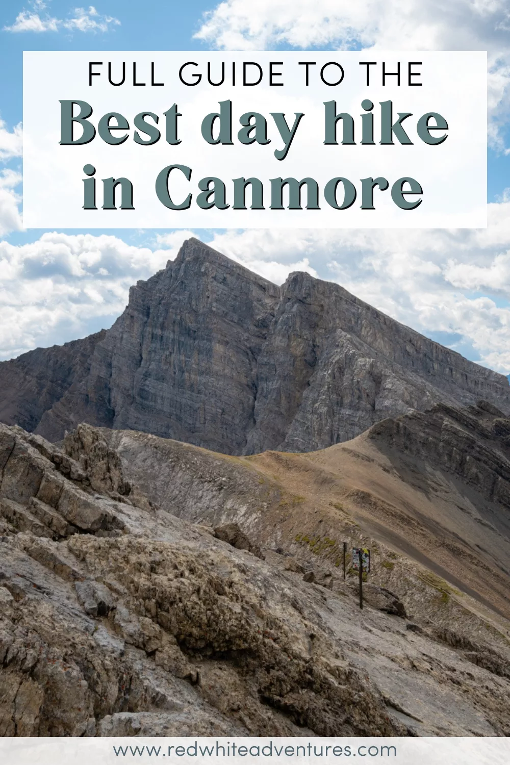 Text overlay reads “Full guide to the best day hike in Canmore” above a dramatic rocky mountain peak under a partly cloudy sky.