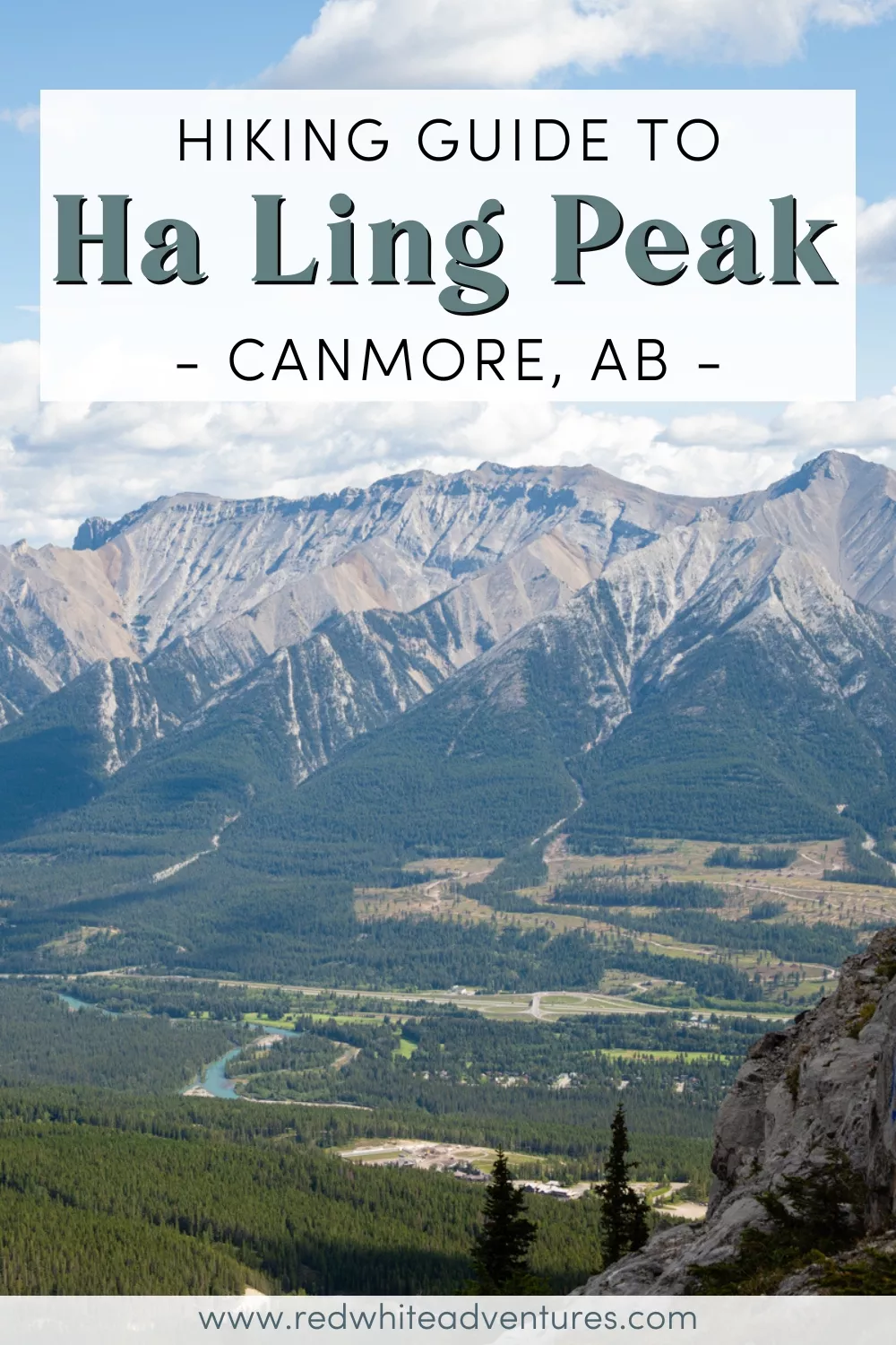 A scenic view of the Bow Valley in Canmore, Alberta with a text overlay reading “Hiking guide to Ha Ling Peak – Canmore, AB.” The photo shows layered mountain ridges, dense forests, and a winding river.
