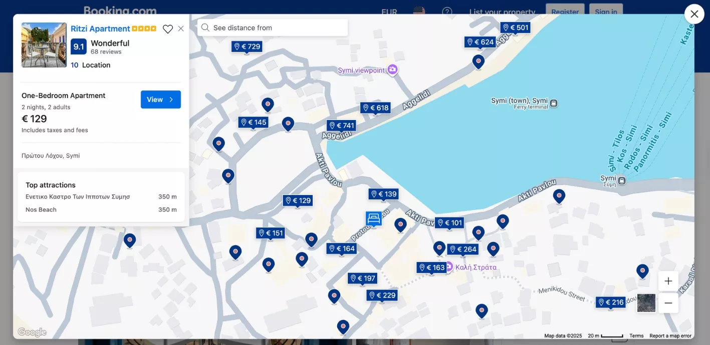 Screenshot of a Booking.com map showing accommodations in Symi, Greece, with prices and locations marked. A highlighted listing for Ritzi Apartment displays a rating of 9.1 and a price of €129 for two nights, located near the ferry terminal and other local attractions.