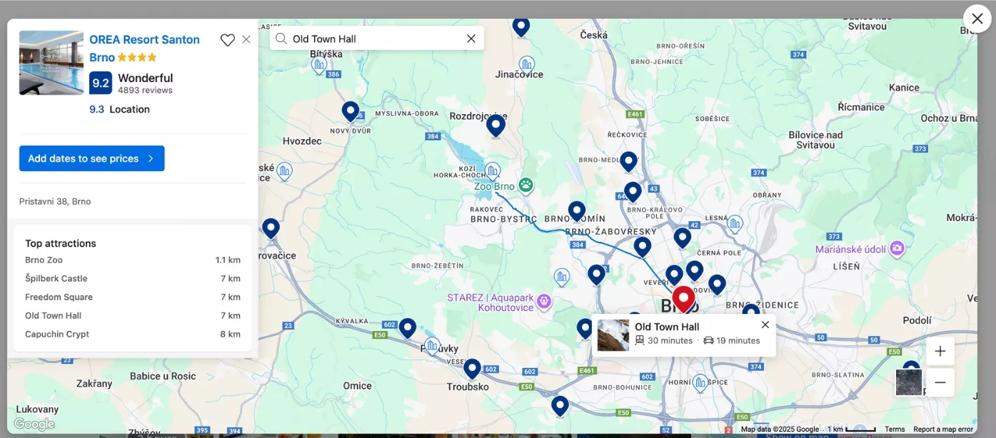 Map showing the location of OREA Resort Santon Brno, which is near Brno Zoo and about 7 km from Old Town Hall. The hotel is marked on the left side, with a red pin marking Old Town Hall in the city center. Nearby attractions and travel times by car and public transport are also shown.