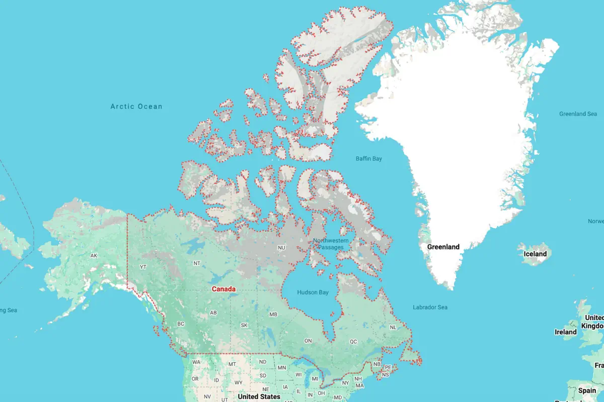 A Google Maps view of Canada and the surrounding region, including the Arctic Archipelago, Greenland, Iceland, and the northern United States. Canada’s provinces and territories are outlined and labelled, with large expanses of blue ocean around them.