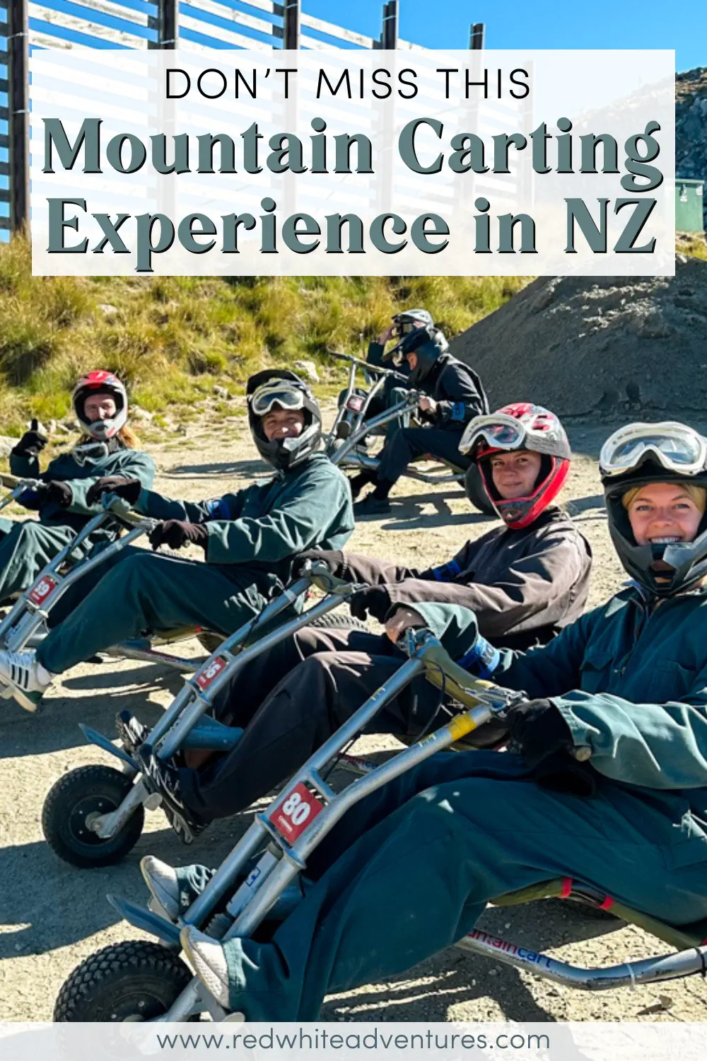 A group of riders sit on mountain carts wearing helmets and protective suits, smiling before their downhill run. The image showcases the social and adventurous side of mountain carting in New Zealand’s alpine landscape.