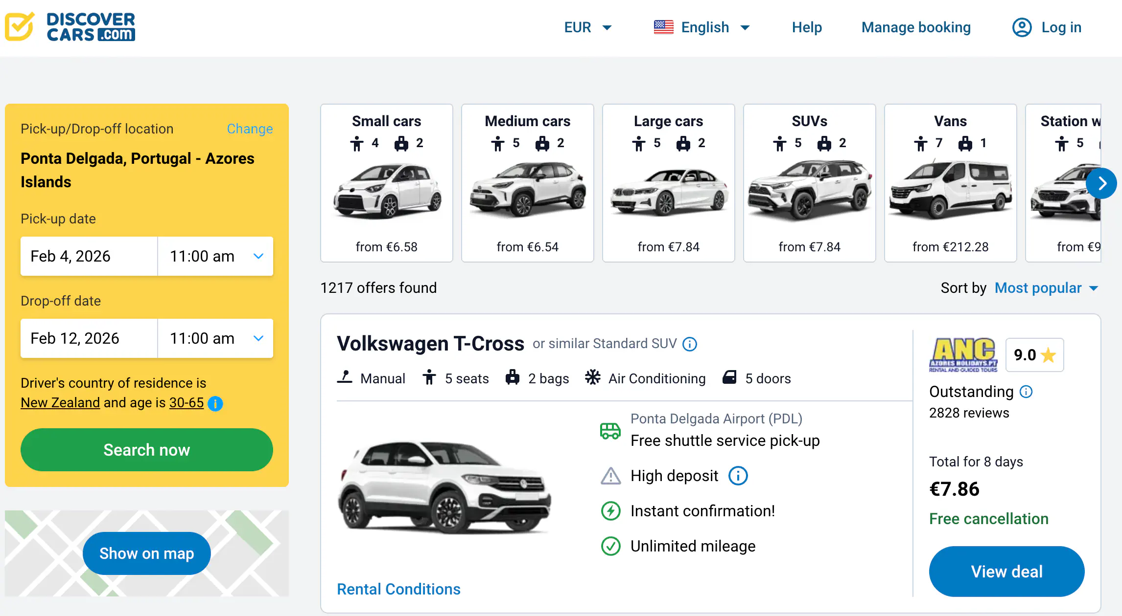 A car rental search results page showing vehicle options for pickup in Ponta Delgada, Azores. Prices, car categories, and booking details are displayed on the screen.