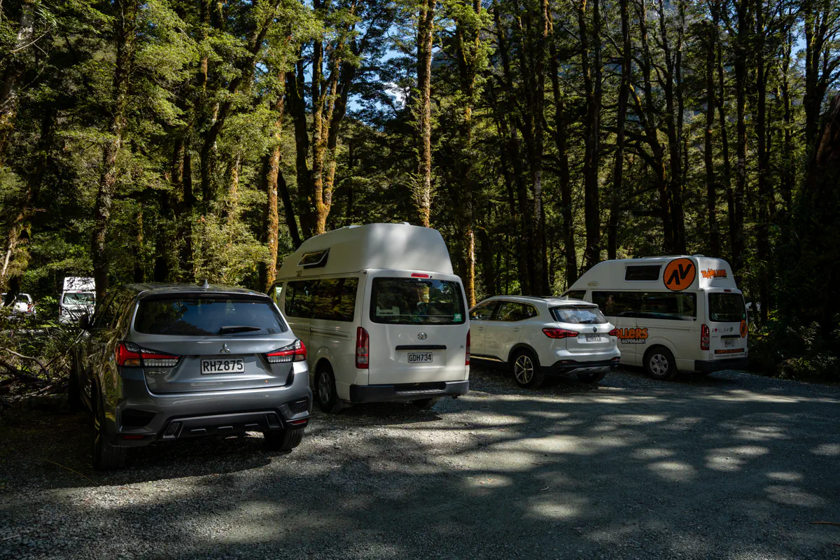 Gravel parking area for the Lake Marian track in Fiordland National Park. Several cars and campervans are parked among dense native forest near the trailhead.