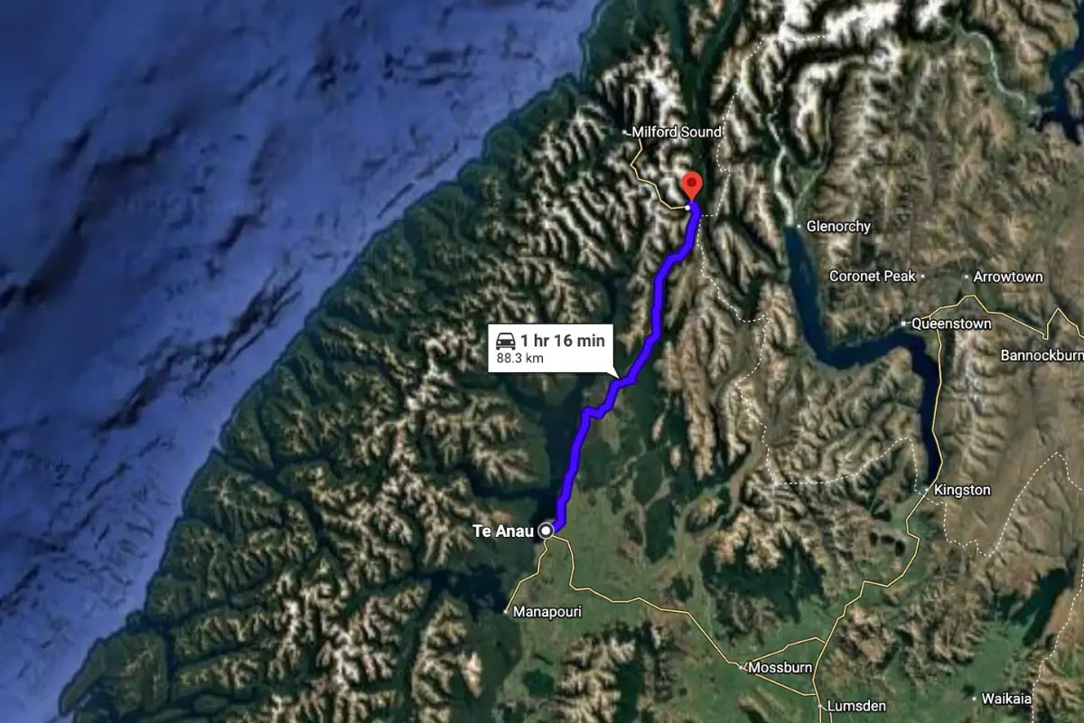 Map showing the driving route from Te Anau to Milford Sound in Fiordland National Park, New Zealand. The route is about 88 km and takes roughly 1 hour and 16 minutes through mountainous terrain.