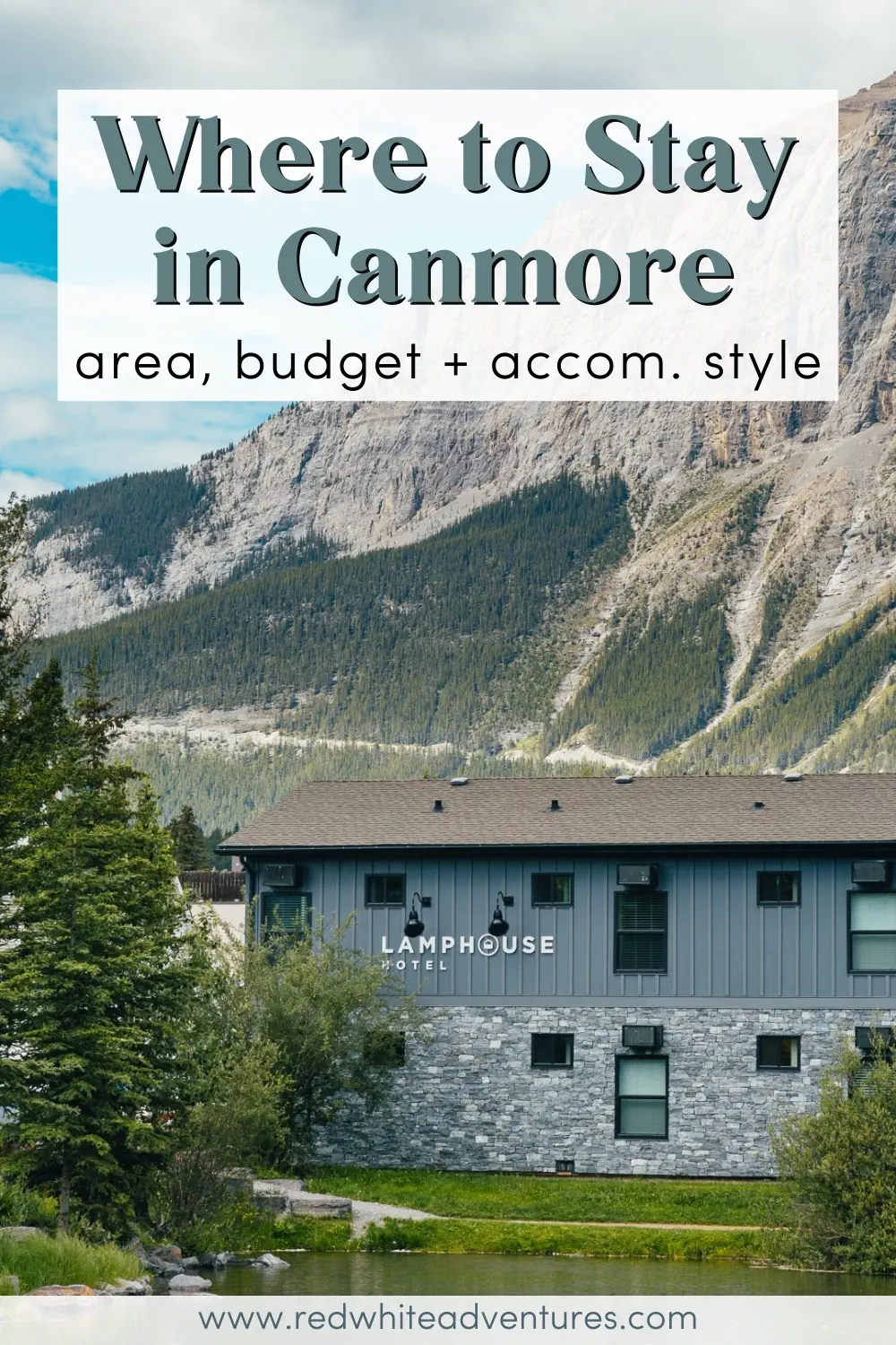 Lamphouse Hotel in Canmore set beside a river with mountains behind it. Text overlay reads “Where to Stay in Canmore – area, budget + accom. style” with website URL at the bottom.