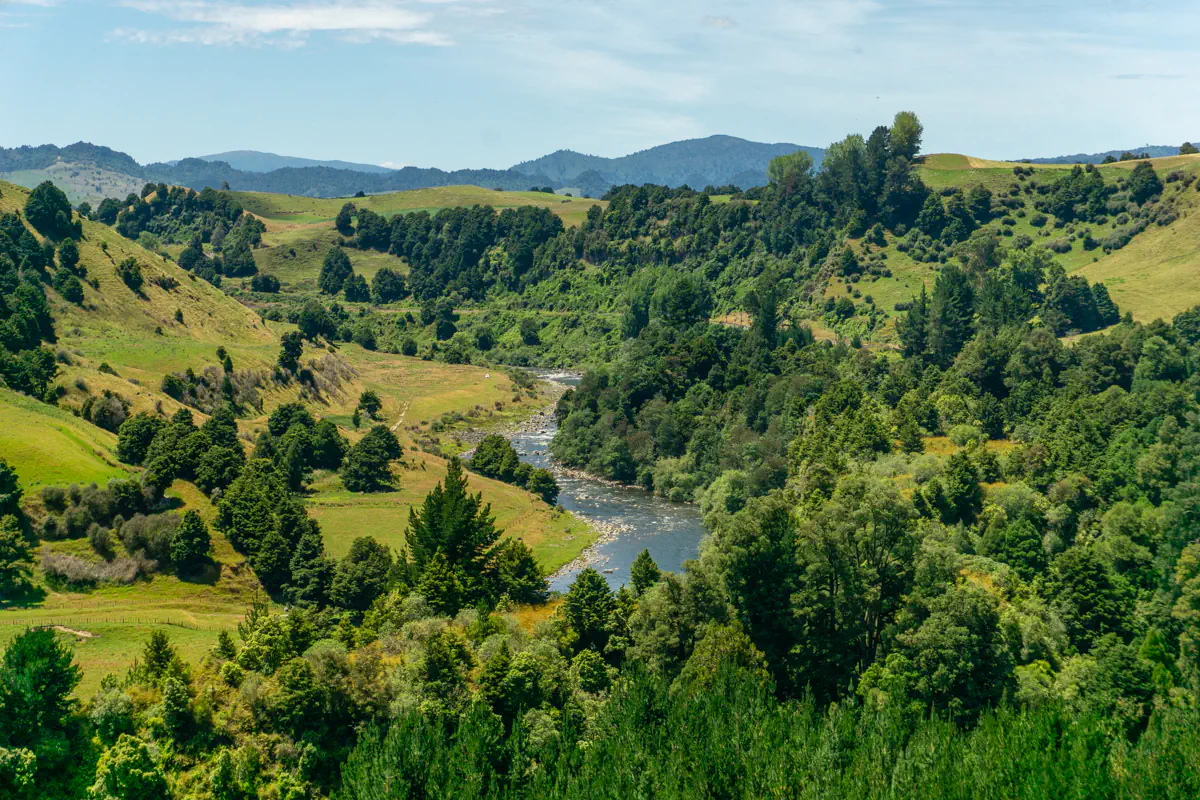 A winding river flows through a lush green valley surrounded by rolling hills and dense trees under a bright sky. The landscape emphasizes the peaceful natural scenery and wide open countryside.