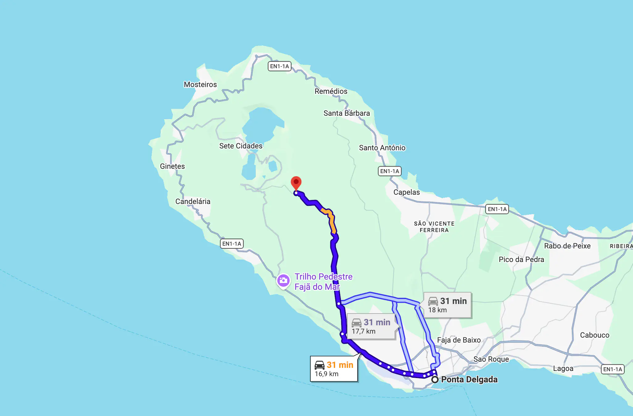 A map shows a driving route from Ponta Delgada to the Sete Cidades area on São Miguel Island in the Azores, with a highlighted path and travel time options around 31 minutes. Text on the map includes place names such as Ponta Delgada, Sete Cidades, and Capelas, along with route distances and times.