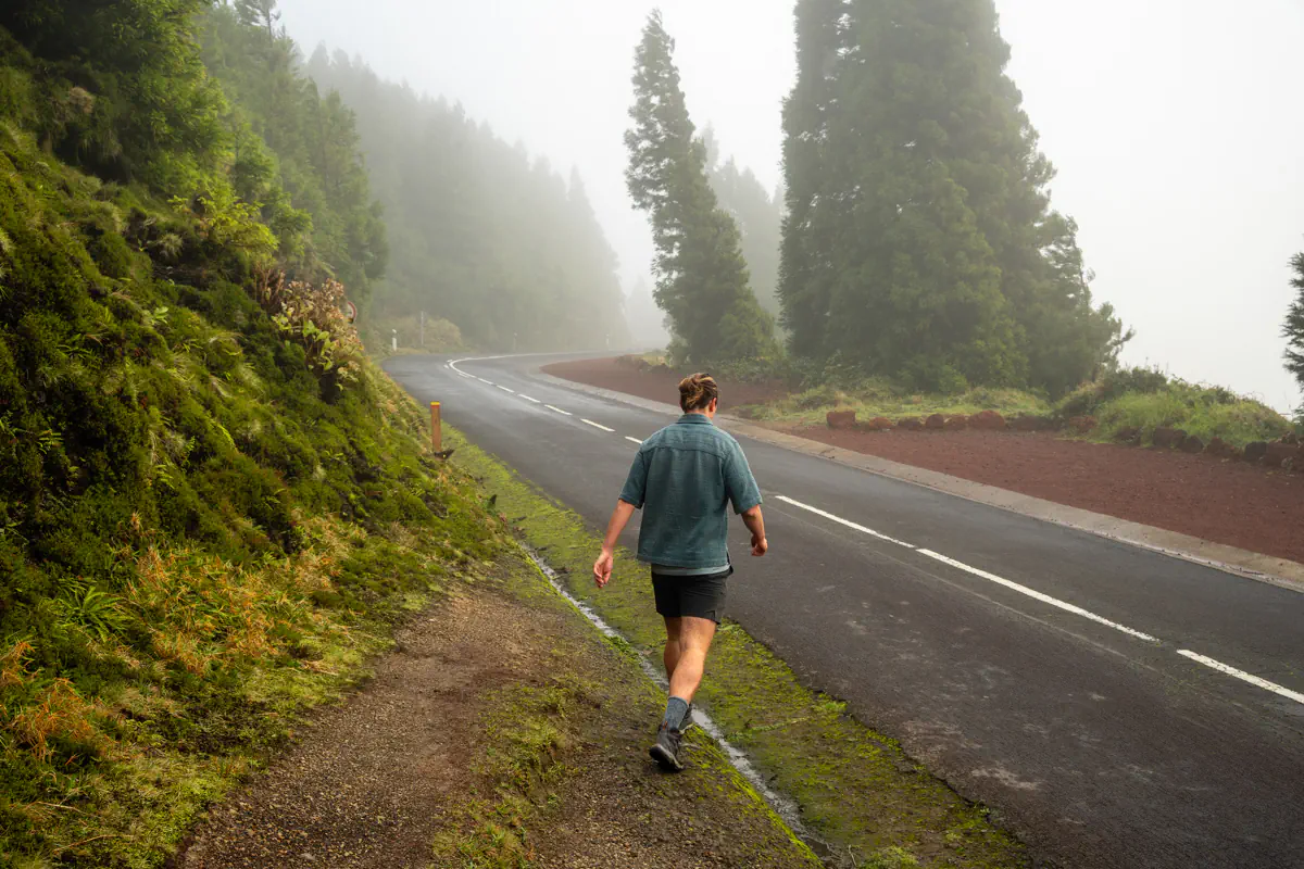 A man walks beside a quiet paved road lined with mossy edges and tall trees fading into heavy fog.