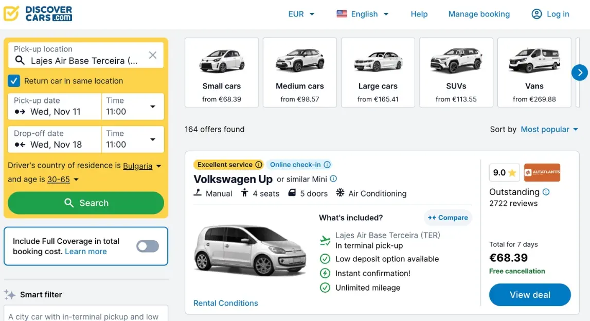 A screenshot of the DiscoverCars.com website showing car rental search results for Lajes Air Base Terceira, Azores, with pick-up on Wednesday November 11 and drop-off on Wednesday November 18. The top result is a white Volkswagen Up compact car listed at €68.39 total for 7 days, rated 9.0 Outstanding with 2,722 reviews.