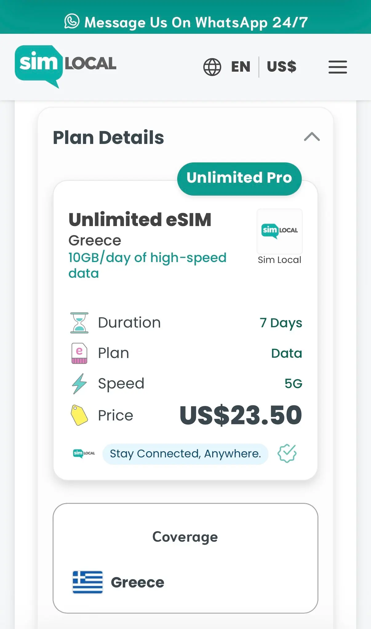 A screenshot of the Unlimited Pro eSIM from SIM Local. The screenshot is showing the duration (7 days), Plan (data), Speed (5G), and the price (US$23.50)