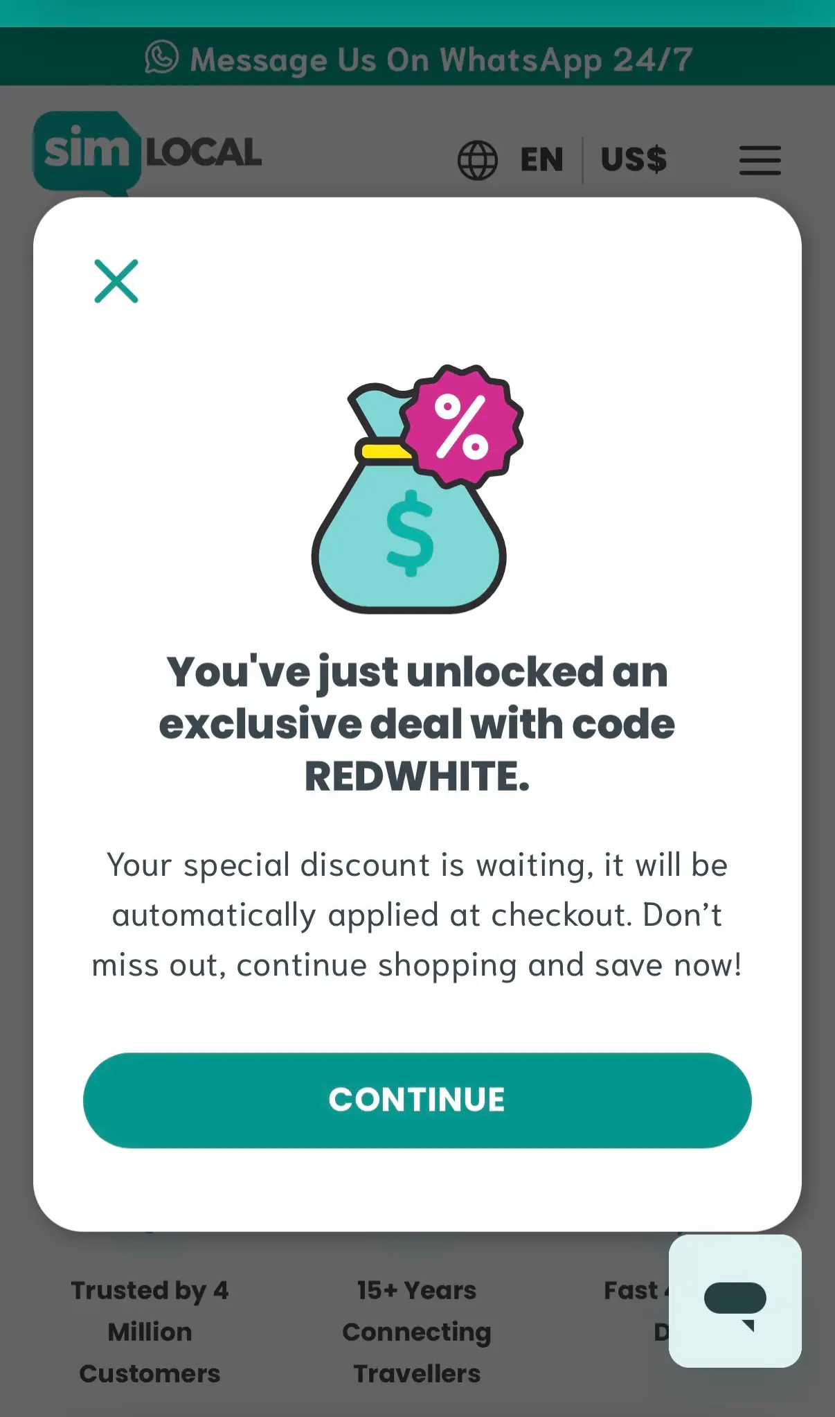 A screenshot showing a discount unlocked via the discount code REDWHITE for an eSIM by Sim Local.
