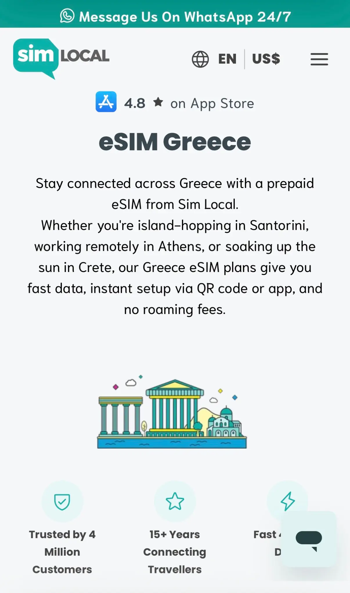 A screenshot of an eSIM for Greece by Sim Local. On the page, there is a description of the product as well as a graphic of an ancient greek building.